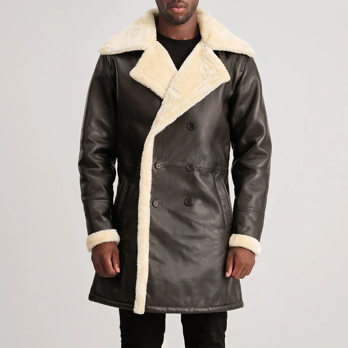 Charles Brown Leather Shearling Double-Breasted Coat - men's coat in brown sheepskin leather, view 4