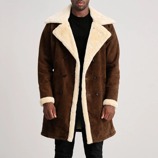 Charles Brown Suede Leather Shearling Double-Breasted Coat - men's coat in brown suede leather, view 1