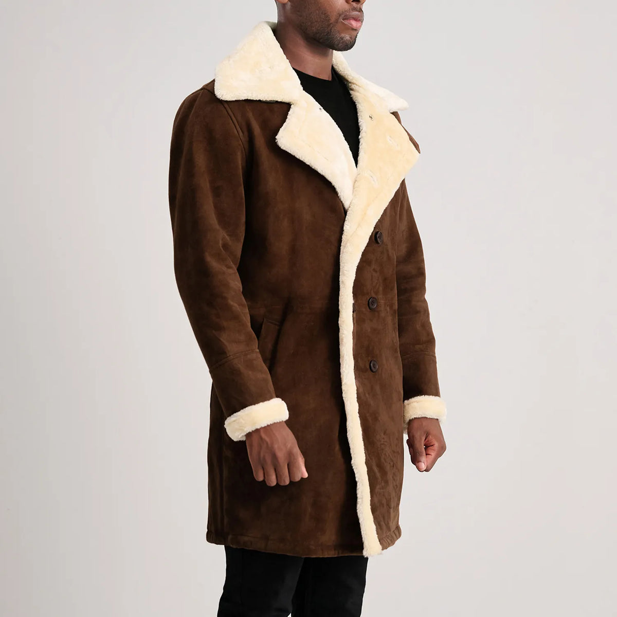 Charles Brown Suede Leather Shearling Double-Breasted Coat - men's coat in brown suede leather, view 2