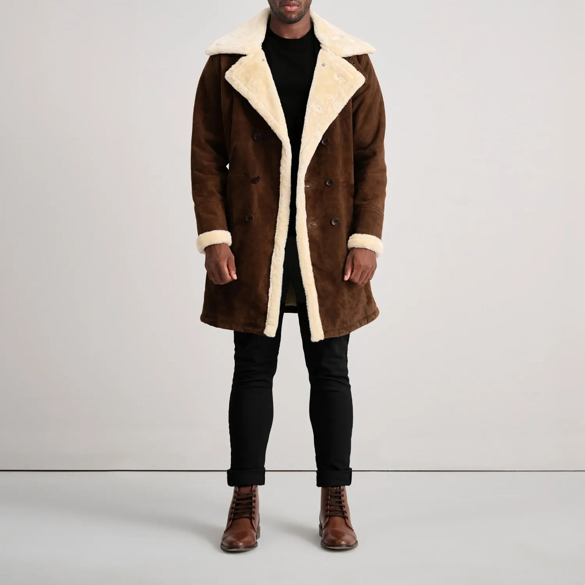 Charles Brown Suede Leather Shearling Double-Breasted Coat - men's coat in brown suede leather, view 3