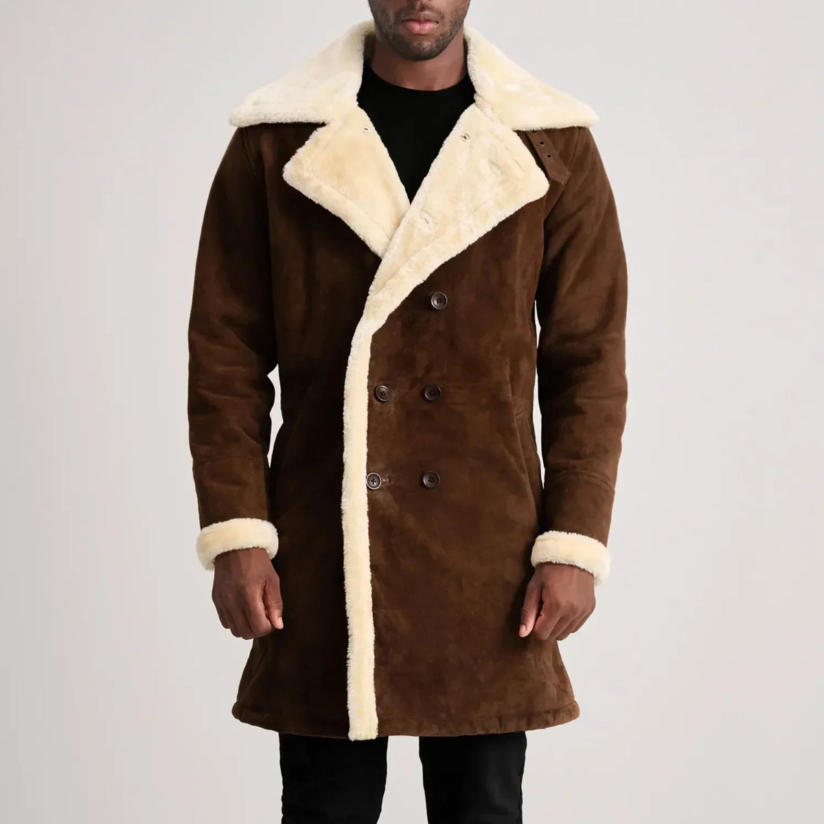 Charles Brown Suede Leather Shearling Double-Breasted Coat - men's coat in brown suede leather, view 4