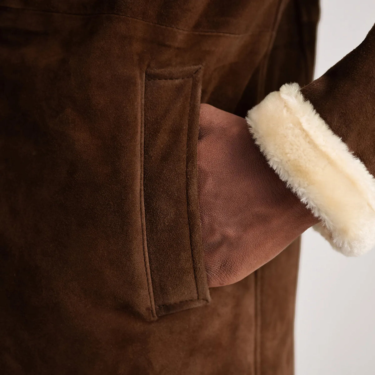 Charles Brown Suede Leather Shearling Double-Breasted Coat - men's coat in brown suede leather, view 6
