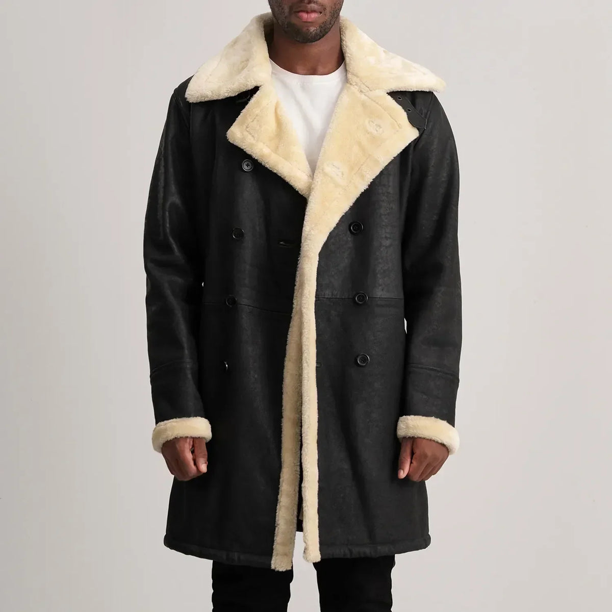 Charles Tumbled Black Leather Shearling Double-Breasted Coat - men's coat in black sheepskin leather, view 1