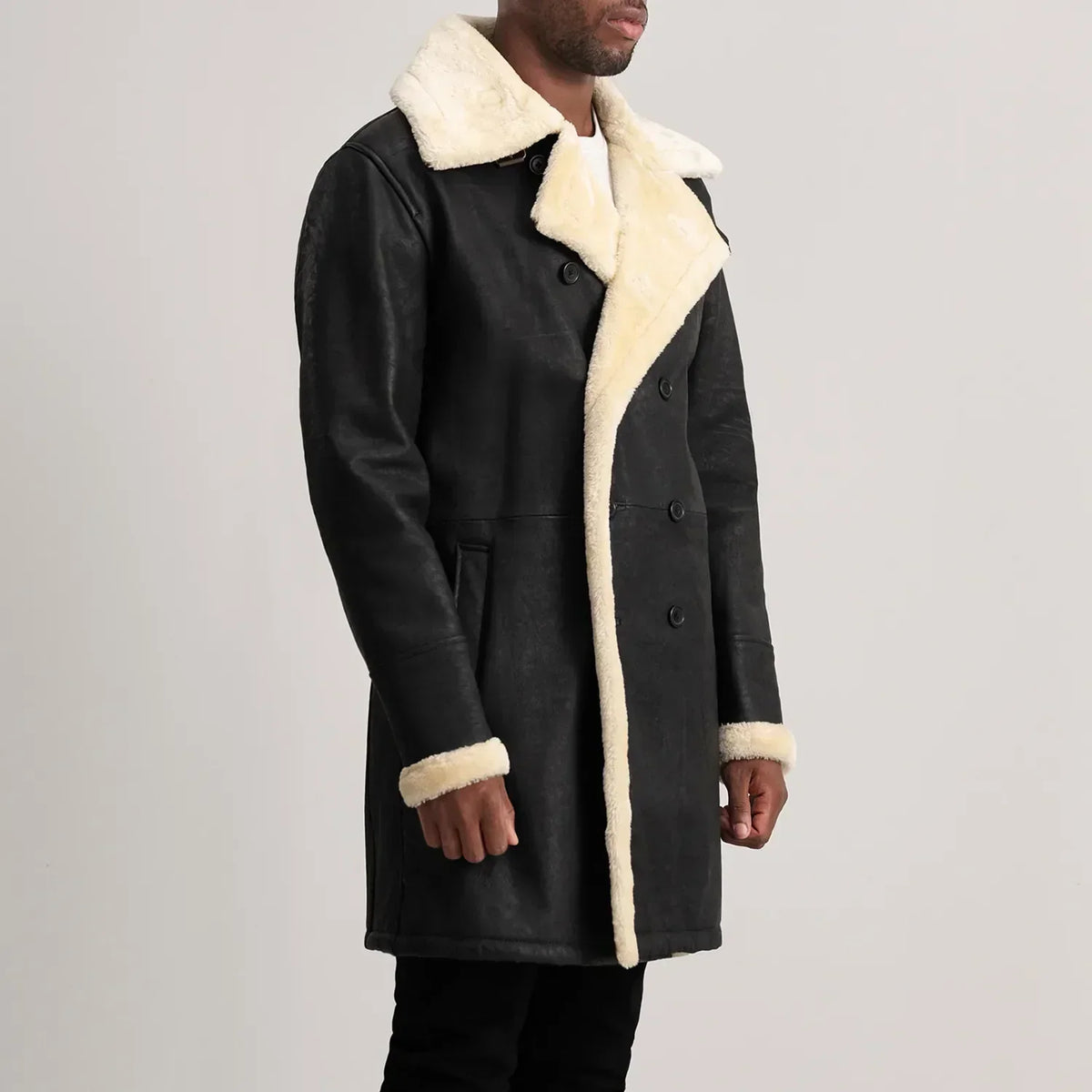 Charles Tumbled Black Leather Shearling Double-Breasted Coat - men's coat in black sheepskin leather, view 2