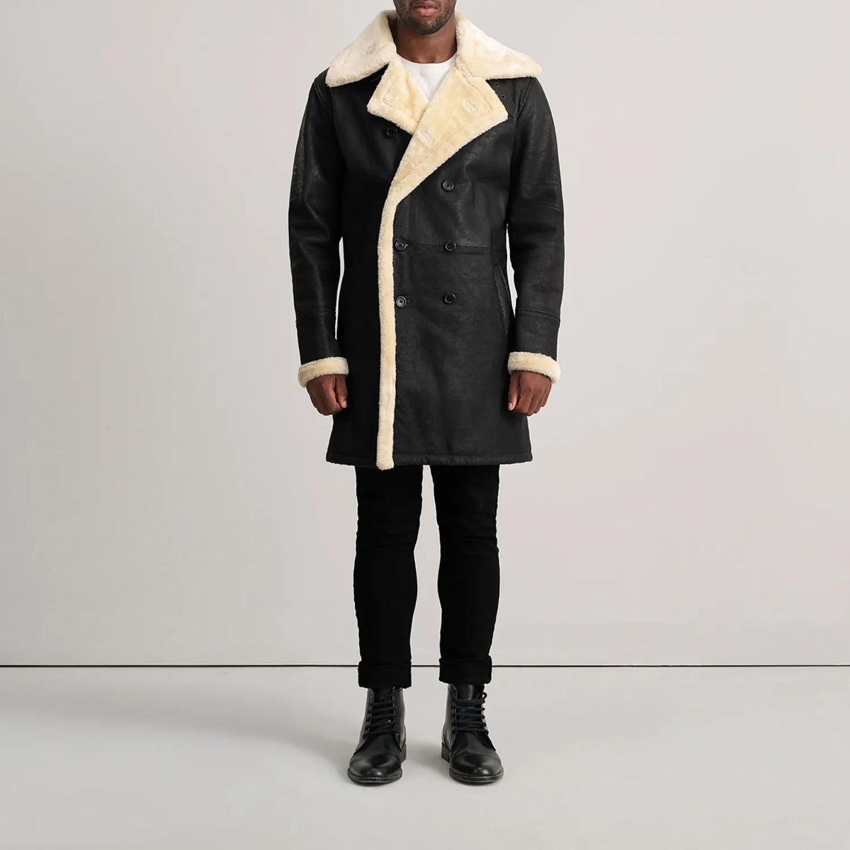 Charles Tumbled Black Leather Shearling Double-Breasted Coat - men's coat in black sheepskin leather, view 3