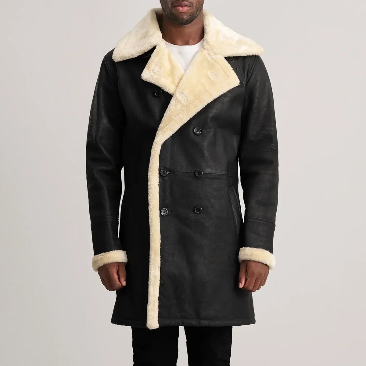 Charles Tumbled Black Leather Shearling Double-Breasted Coat - men's coat in black sheepskin leather, view 4