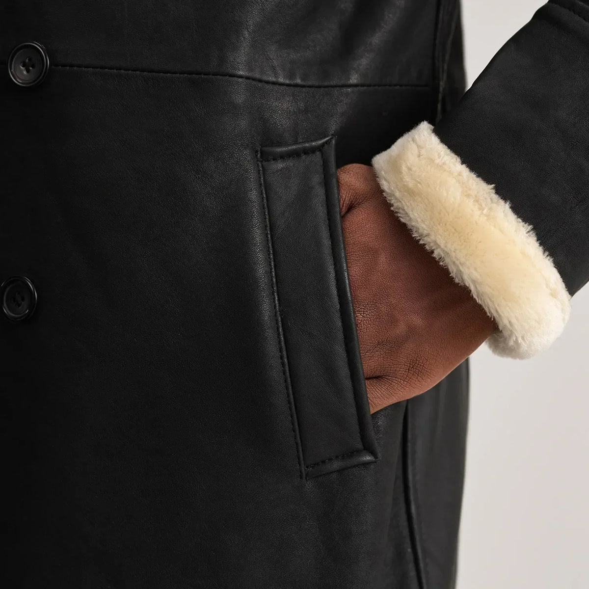 Charles Tumbled Black Leather Shearling Double-Breasted Coat - men's coat in black sheepskin leather, view 6