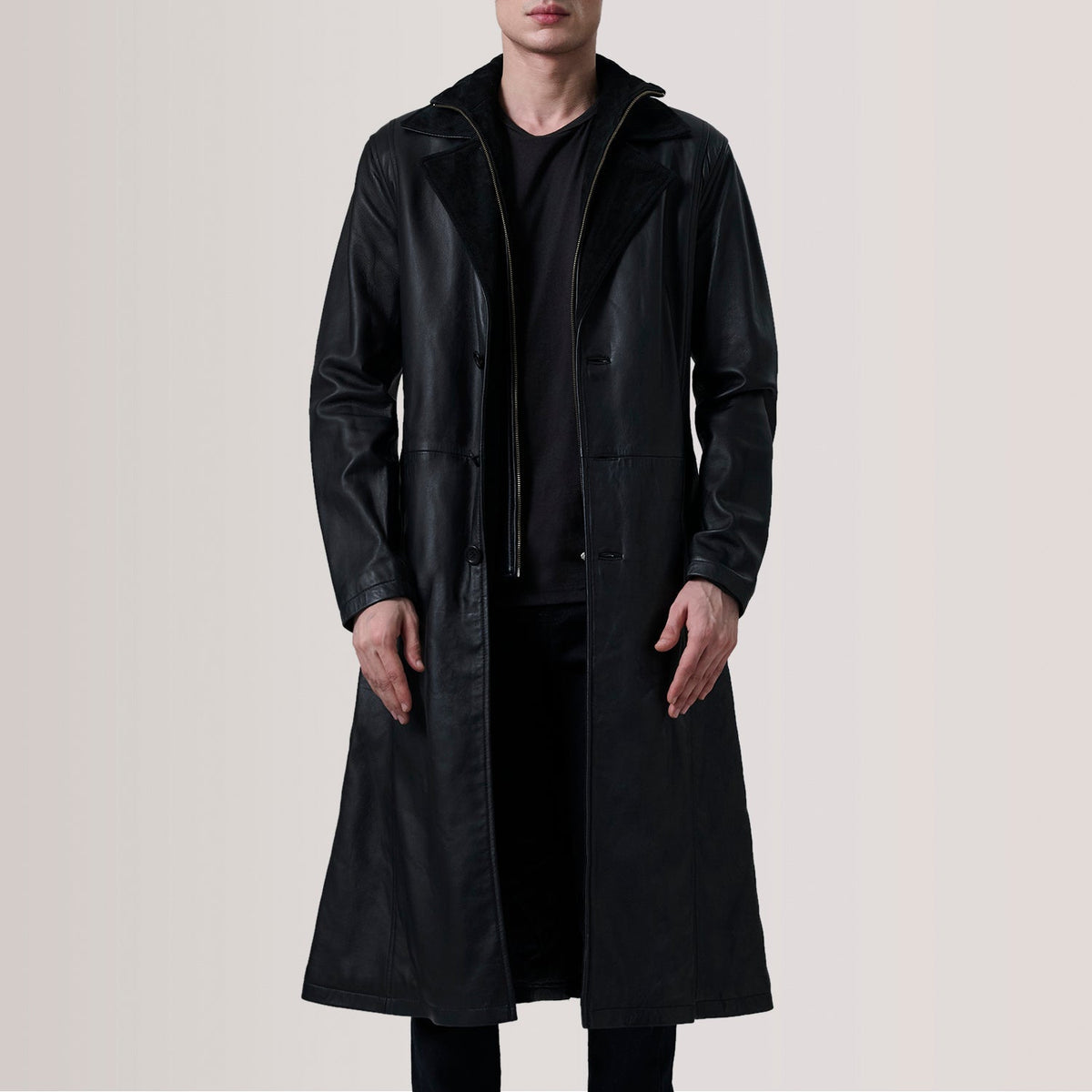 Charlton Black Leather Single Breasted Coat - men's coat in black leather, view 1