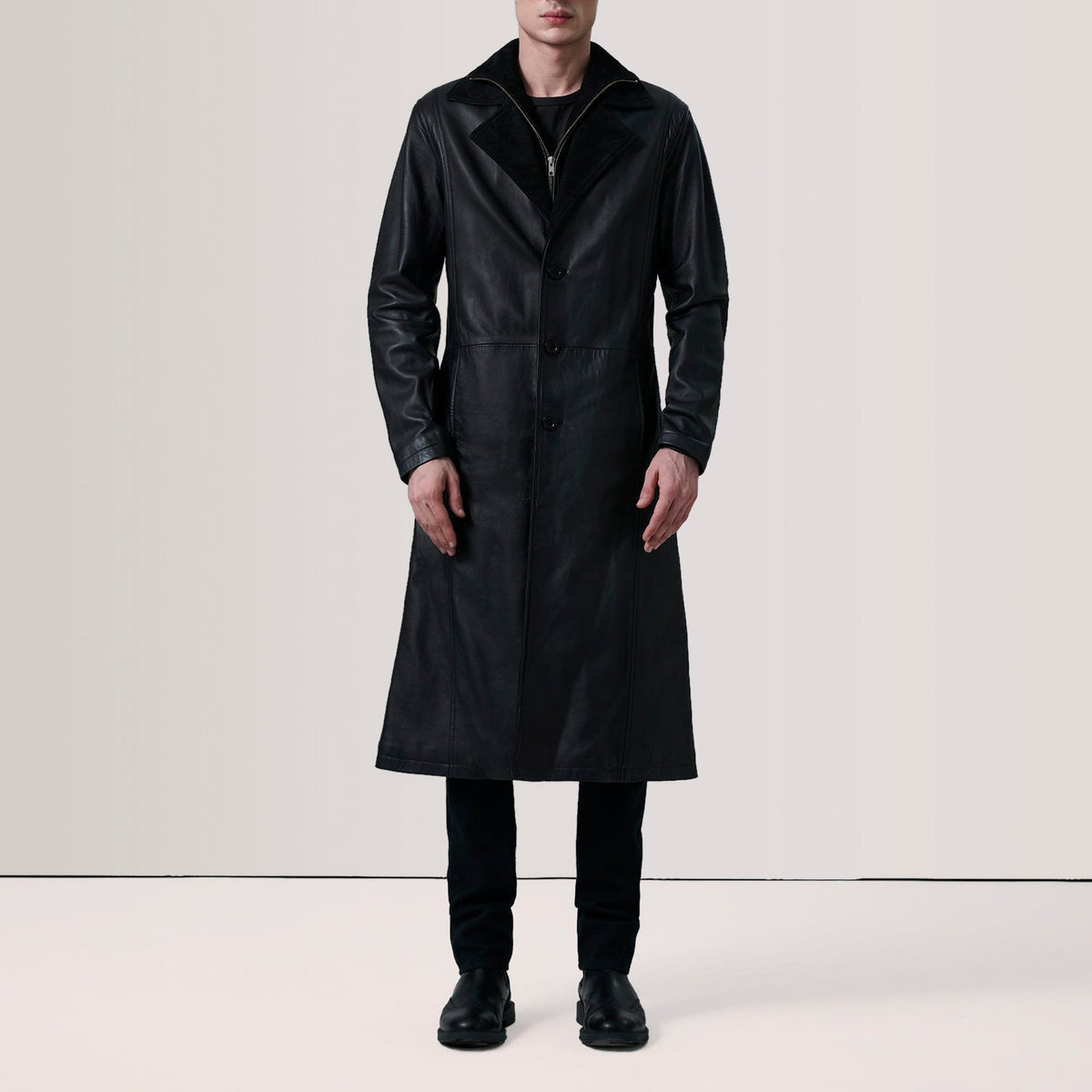 Charlton Black Leather Single Breasted Coat - men's coat in black leather, view 2