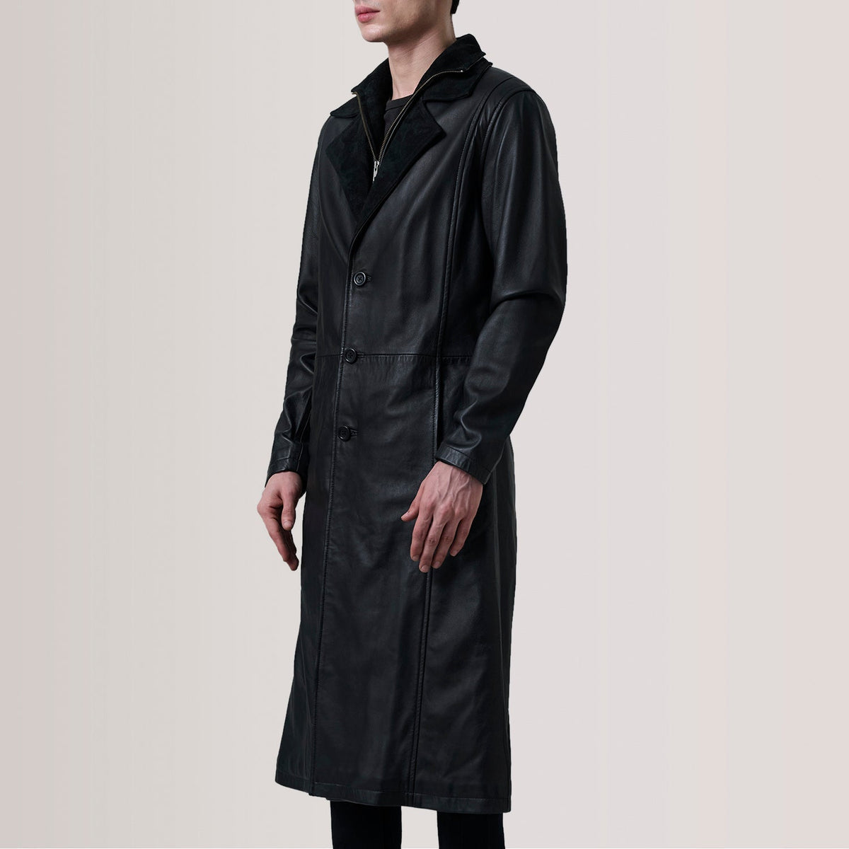 Charlton Black Leather Single Breasted Coat - men's coat in black leather, view 3