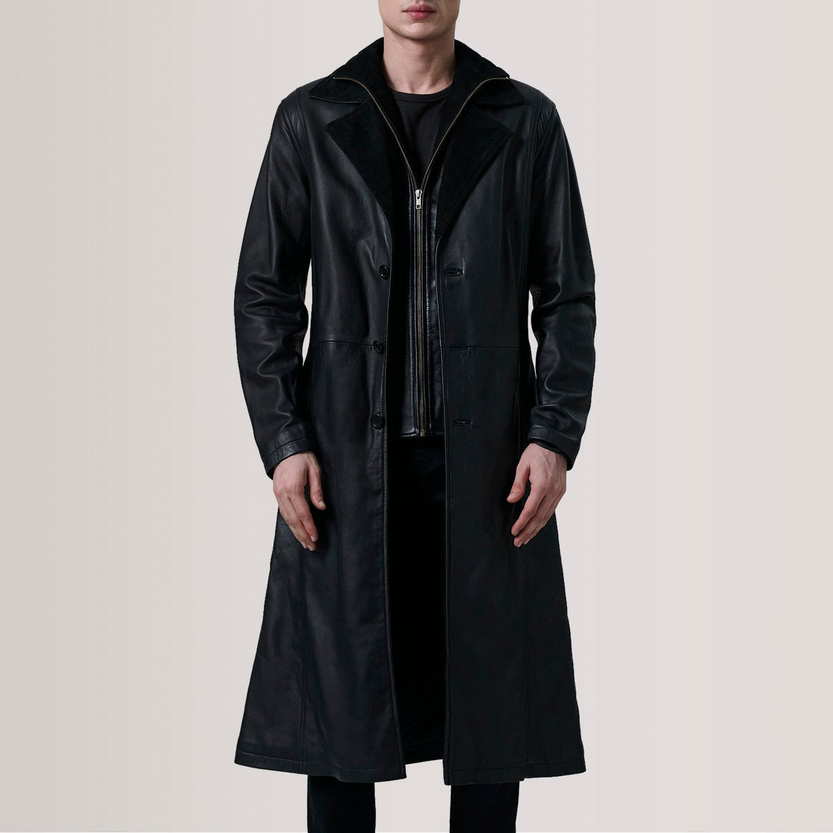 Charlton Black Leather Single Breasted Coat - men's coat in black leather, view 5
