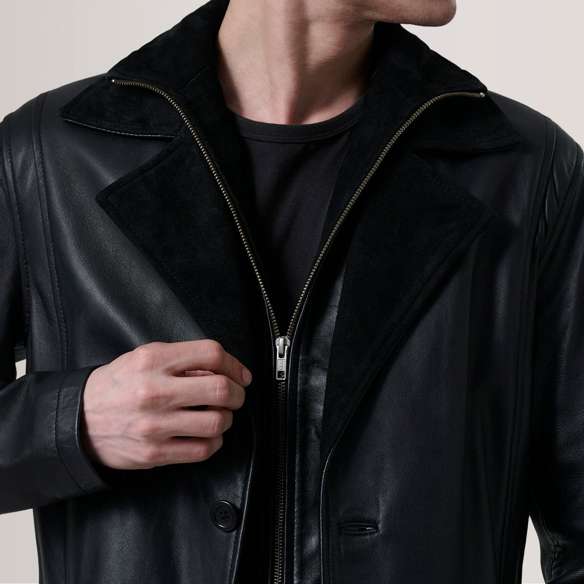 Charlton Black Leather Single Breasted Coat - men's coat in black leather, view 6
