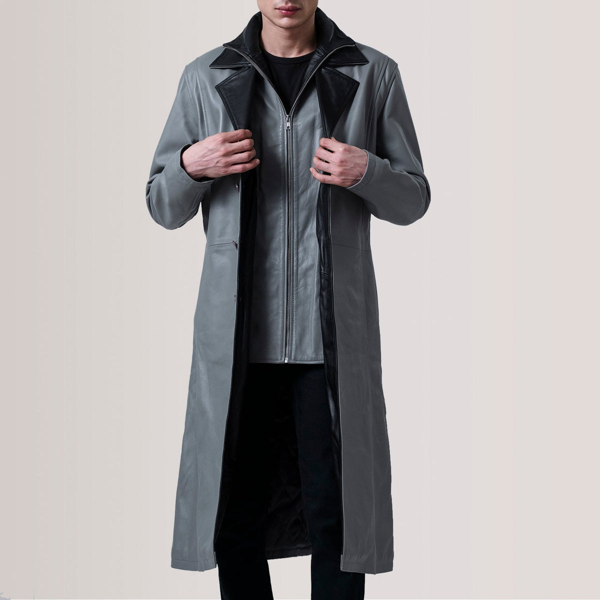 Charlton Grey Leather Single Breasted Coat - men's coat in grey leather, view 1