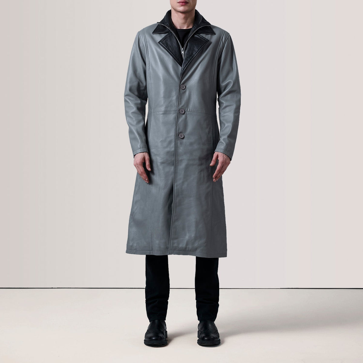 Charlton Grey Leather Single Breasted Coat - men's coat in grey leather, view 2