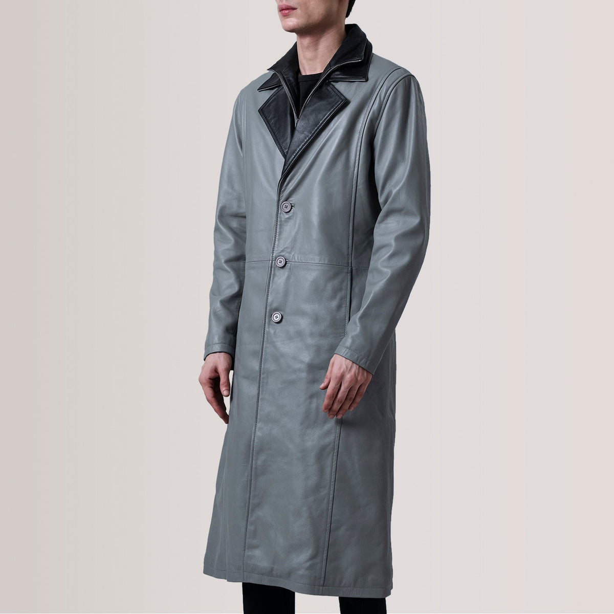 Charlton Grey Leather Single Breasted Coat - men's coat in grey leather, view 3
