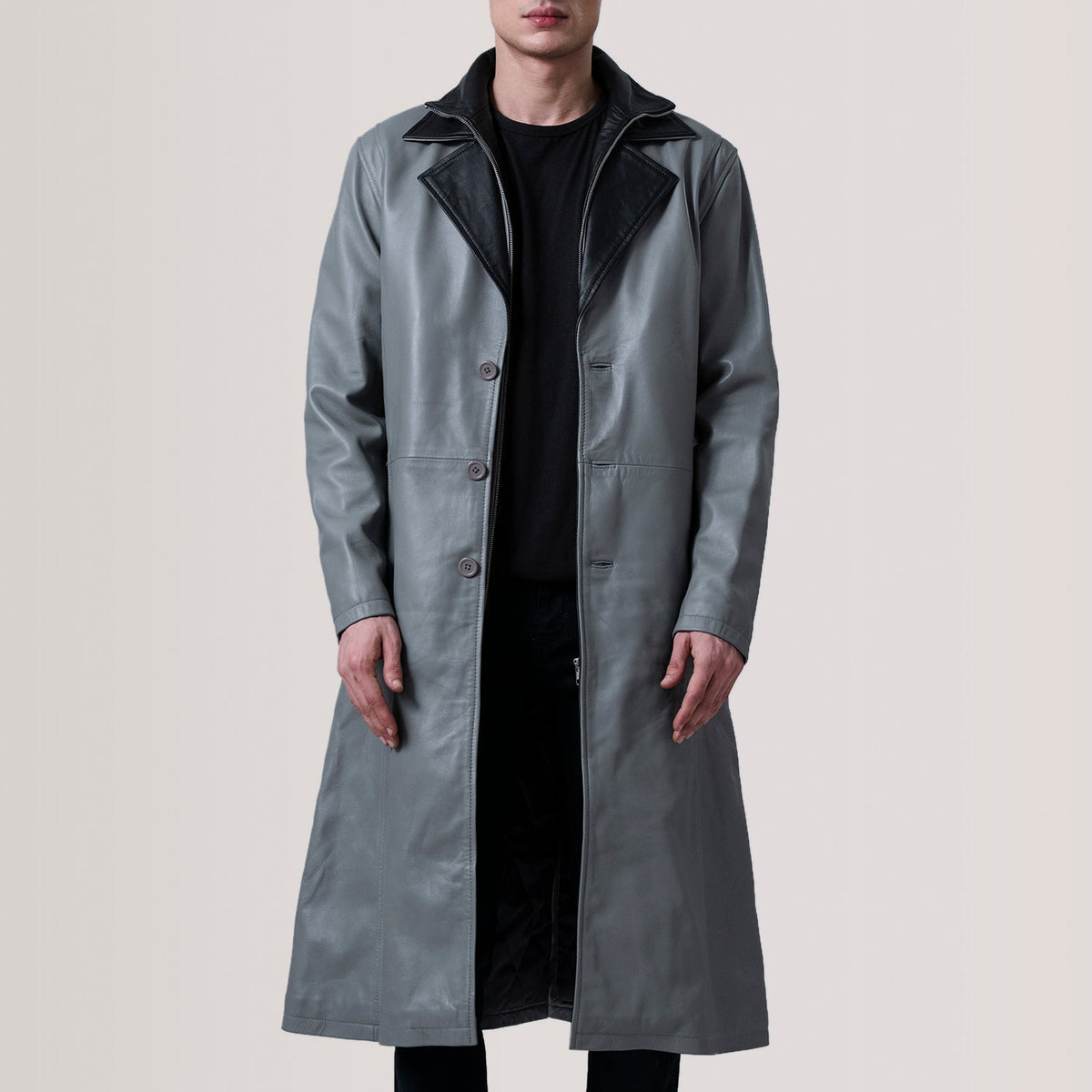 Charlton Grey Leather Single Breasted Coat - men's coat in grey leather, view 5