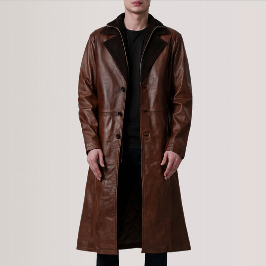 Charlton Waxed Brown Leather Single Breasted Coat - men's coat in brown leather, view 1