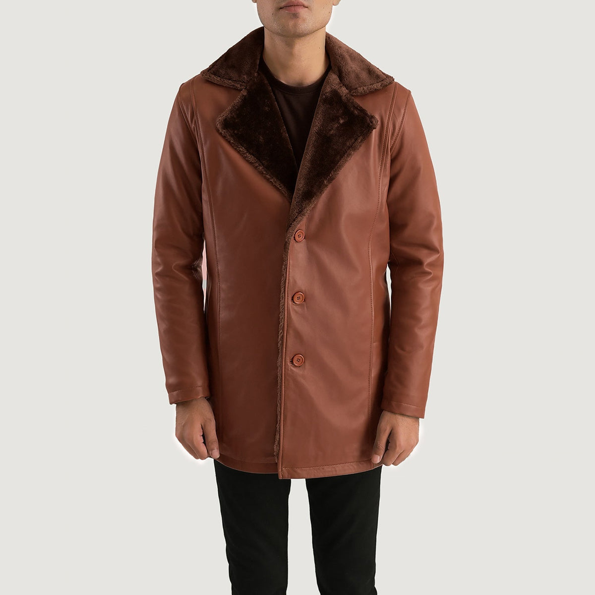 Cinnamon Brown Leather Fur Coat - men's coat in brown sheepskin leather, view 1