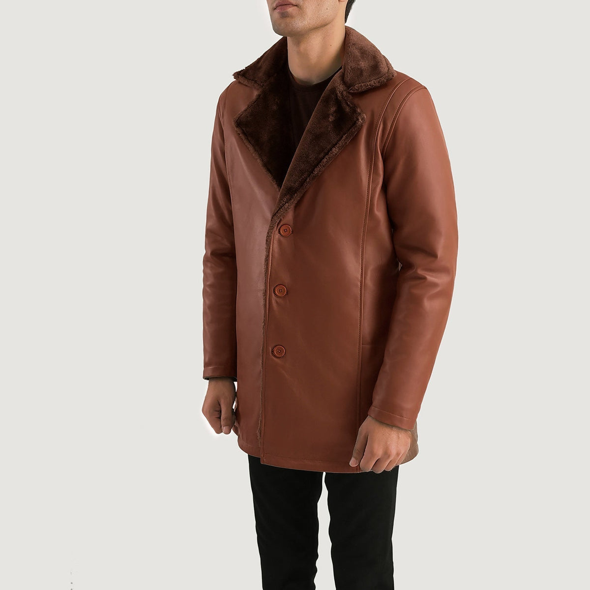 Cinnamon Brown Leather Fur Coat - men's coat in brown sheepskin leather, view 2