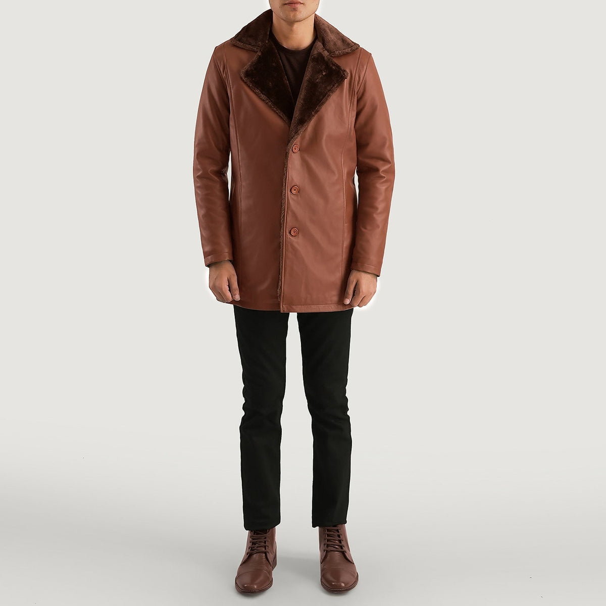 Cinnamon Brown Leather Fur Coat - men's coat in brown sheepskin leather, view 3