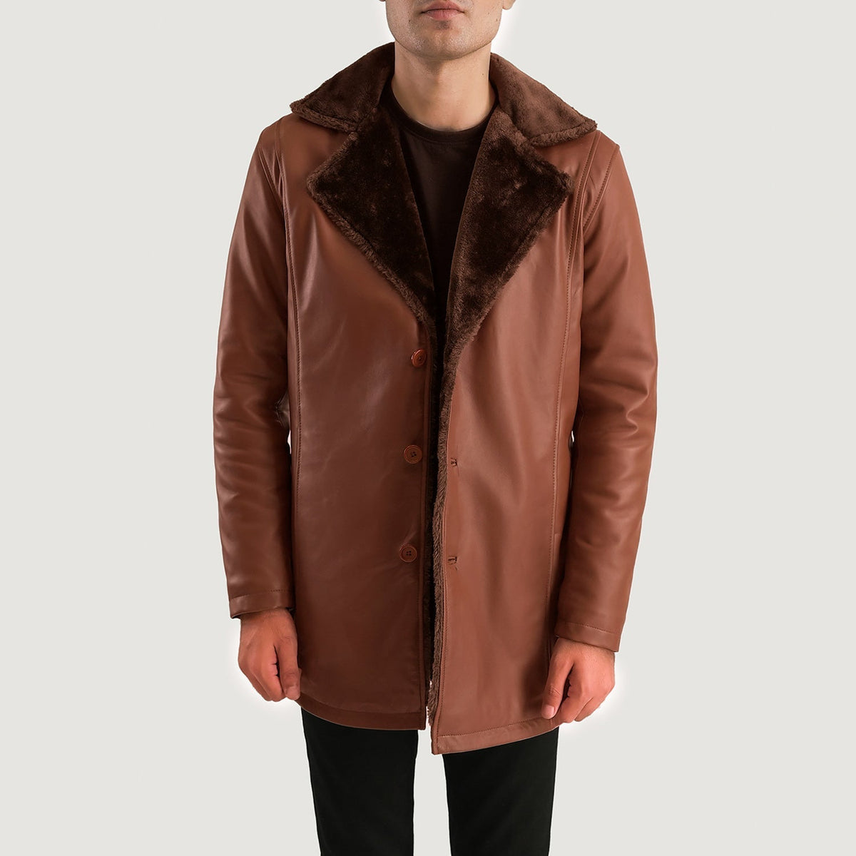 Cinnamon Brown Leather Fur Coat - men's coat in brown sheepskin leather, view 4