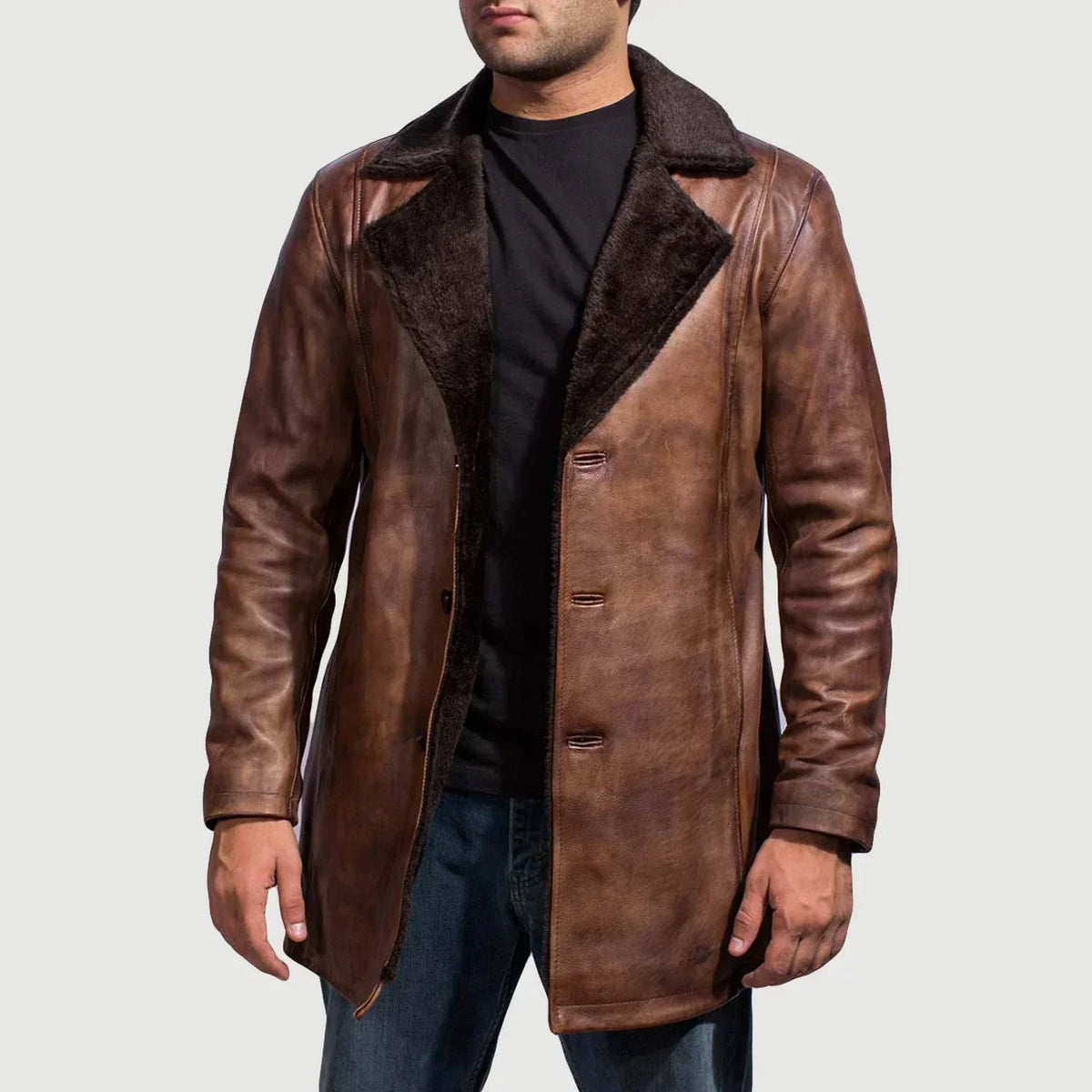 Cinnamon Distressed Leather Fur Coat - men's coat in classic sheepskin leather, view 1