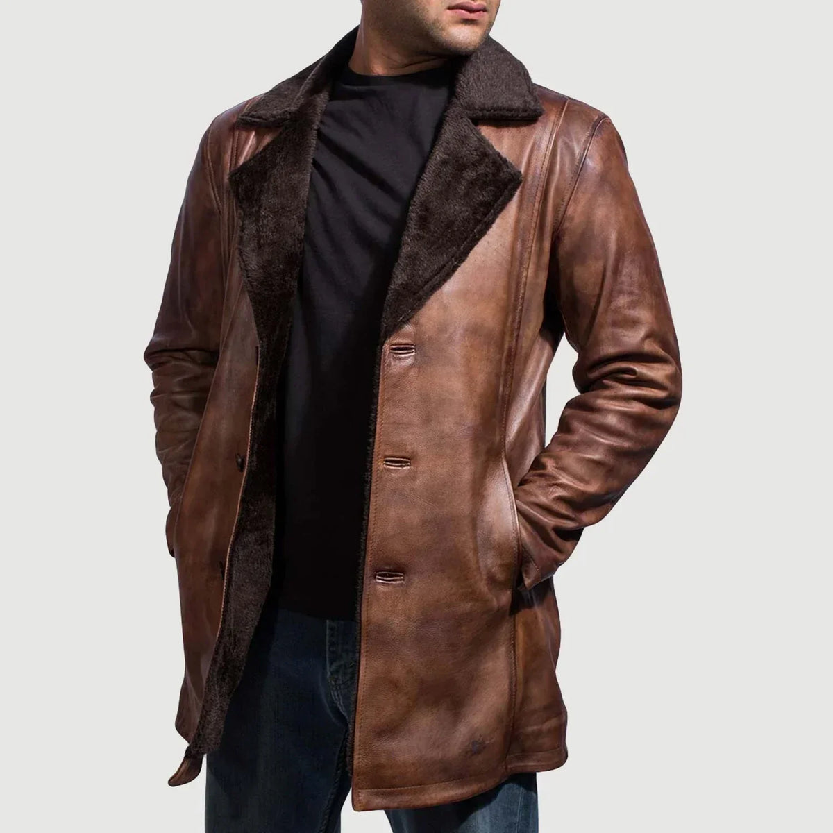 Cinnamon Distressed Leather Fur Coat - men's coat in classic sheepskin leather, view 2
