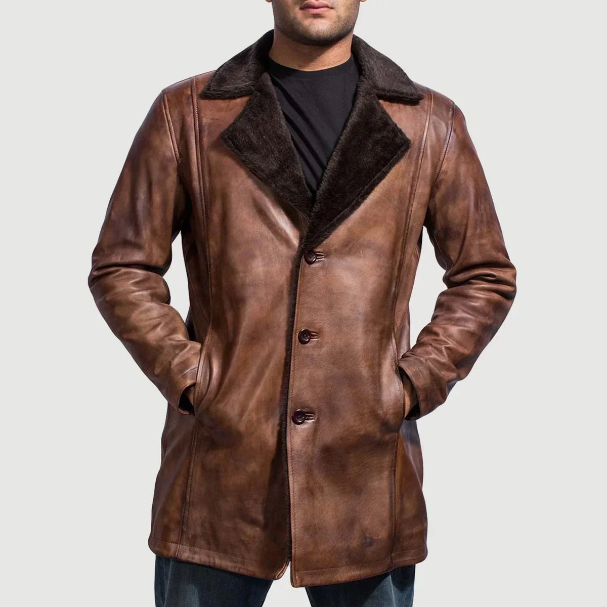 Cinnamon Distressed Leather Fur Coat - men's coat in classic sheepskin leather, view 3