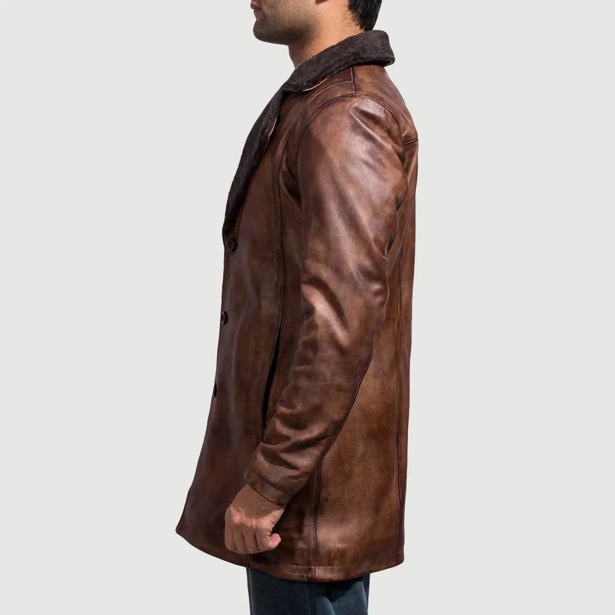 Cinnamon Distressed Leather Fur Coat - men's coat in classic sheepskin leather, view 4