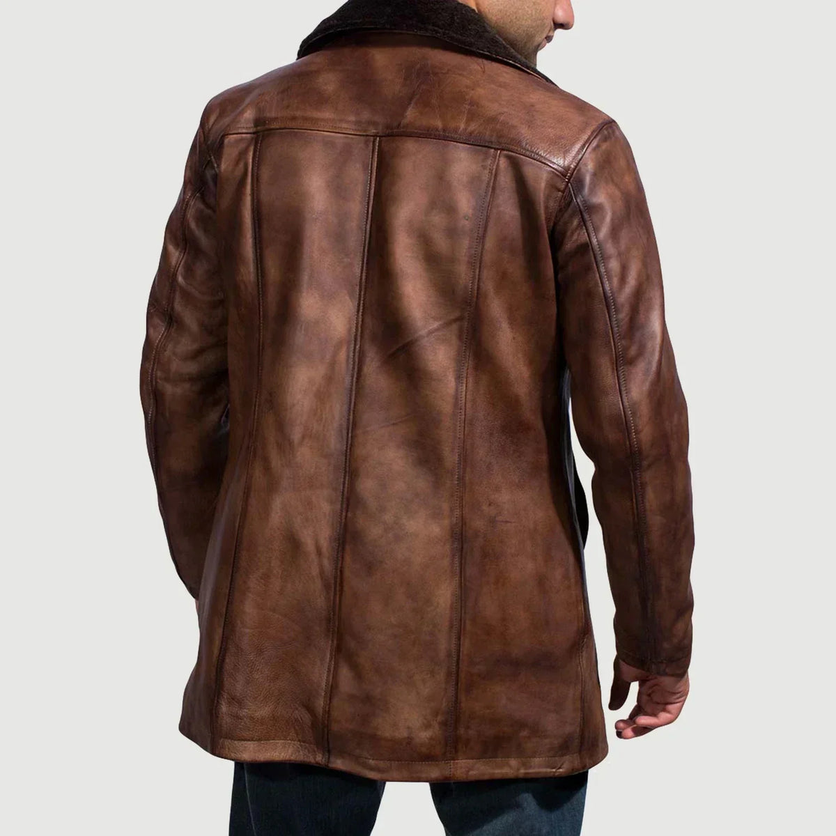 Cinnamon Distressed Leather Fur Coat - men's coat in classic sheepskin leather, view 5