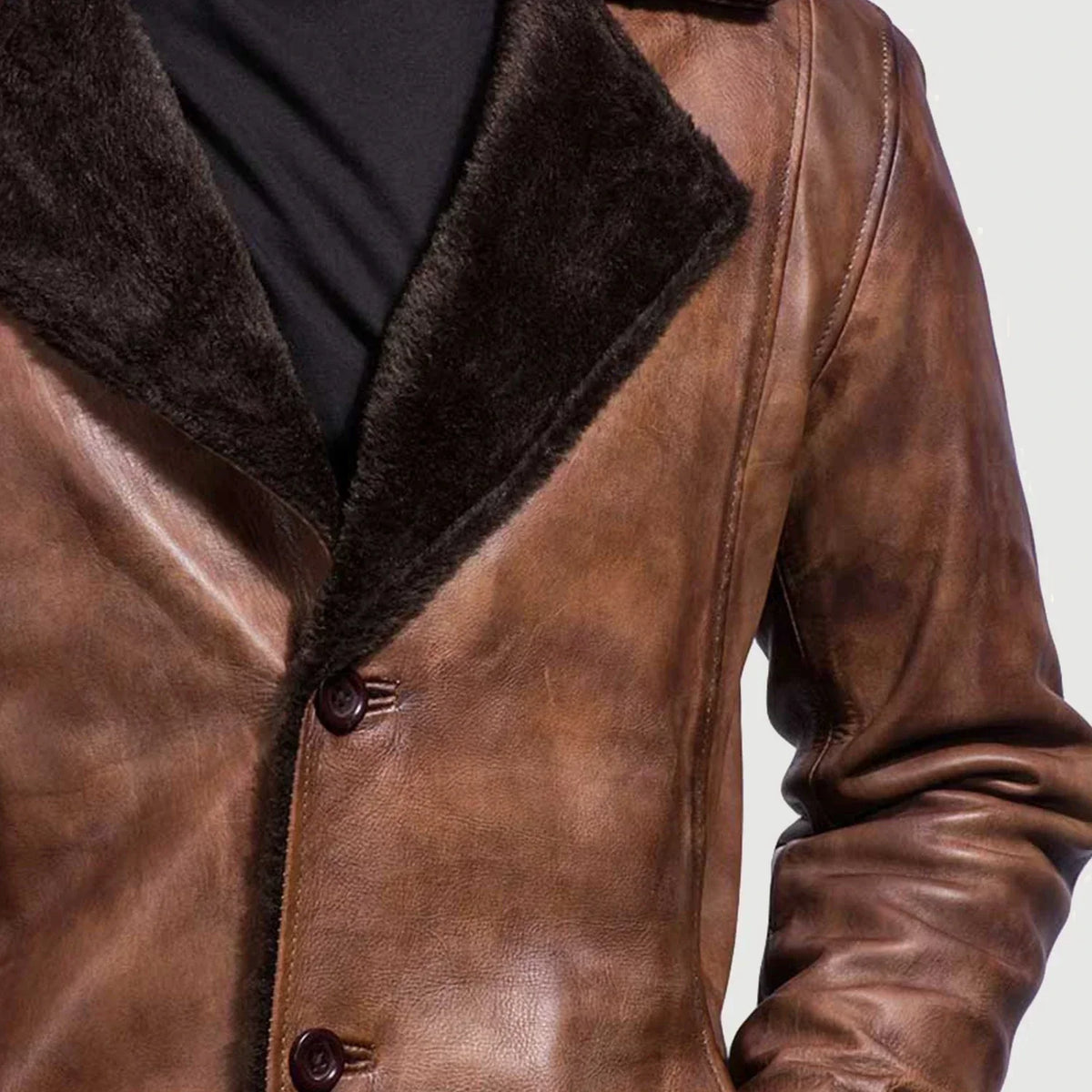Cinnamon Distressed Leather Fur Coat - men's coat in classic sheepskin leather, view 6