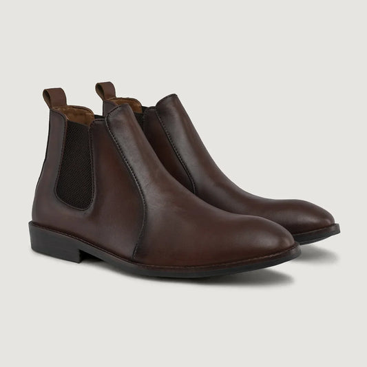Clarkson Chelsea Brown Burnished Leather Boots Rugged Sole - men's boots in brown genuine leather, view 1