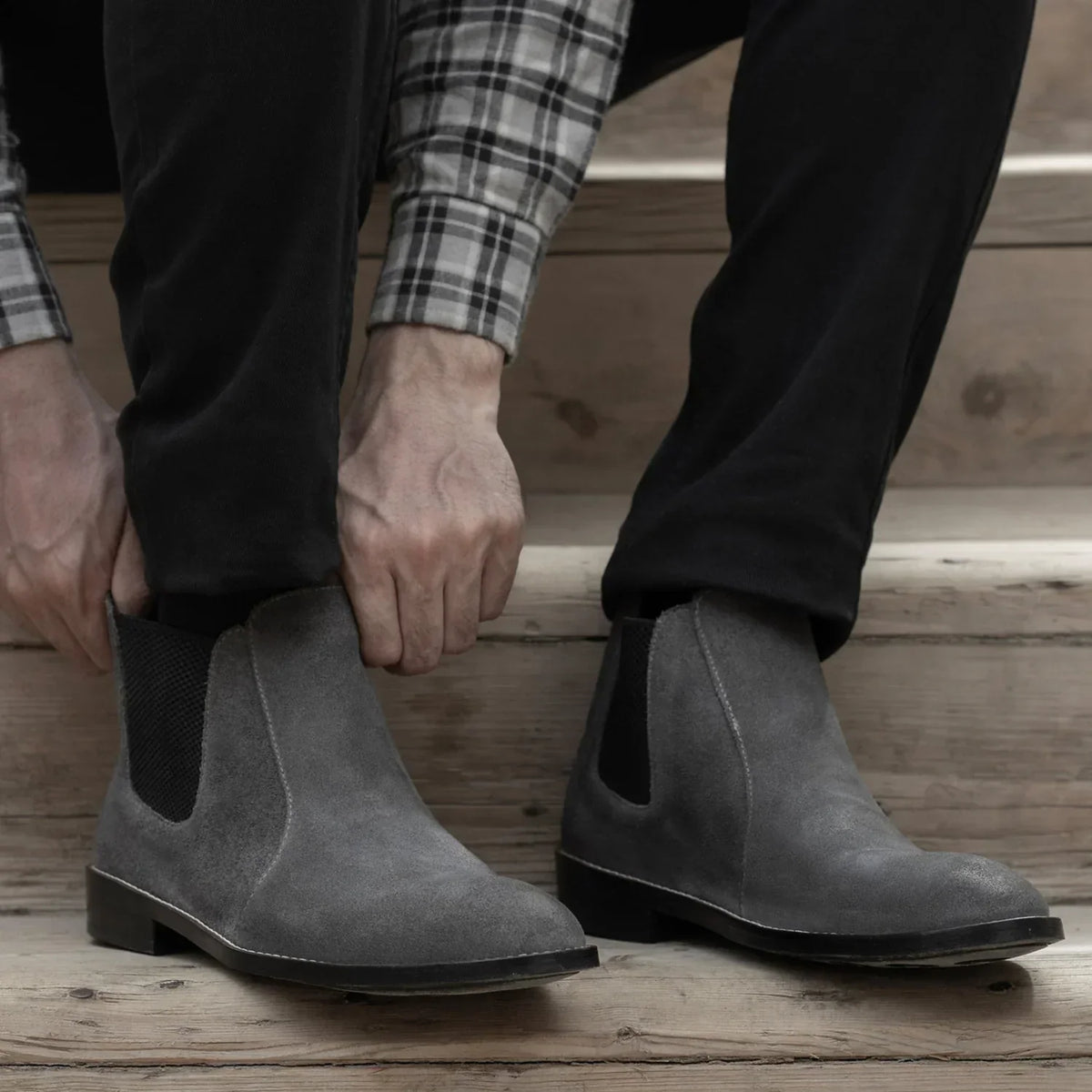 Clarkson Chelsea Grey Suede Leather Boots Rugged Sole - men's boots in grey suede leather, view 10