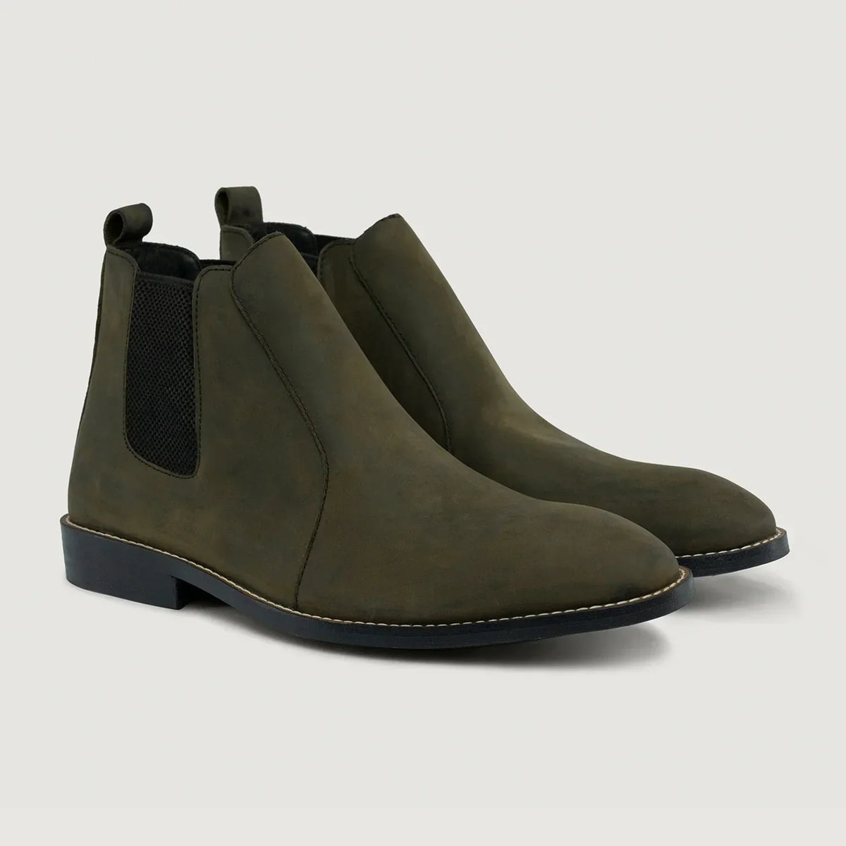 Clarkson Chelsea Olive Pullup Leather Boots Rugged Sole - men's boots in olive green pull-up leather, view 1