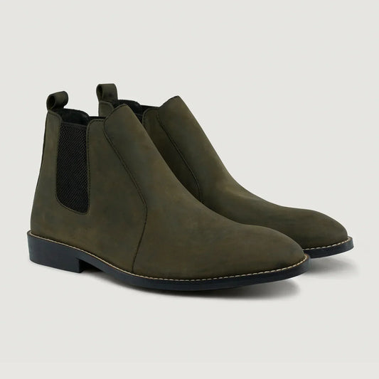 Clarkson Chelsea Olive Pullup Leather Boots Rugged Sole - men's boots in olive green pull-up leather, view 1