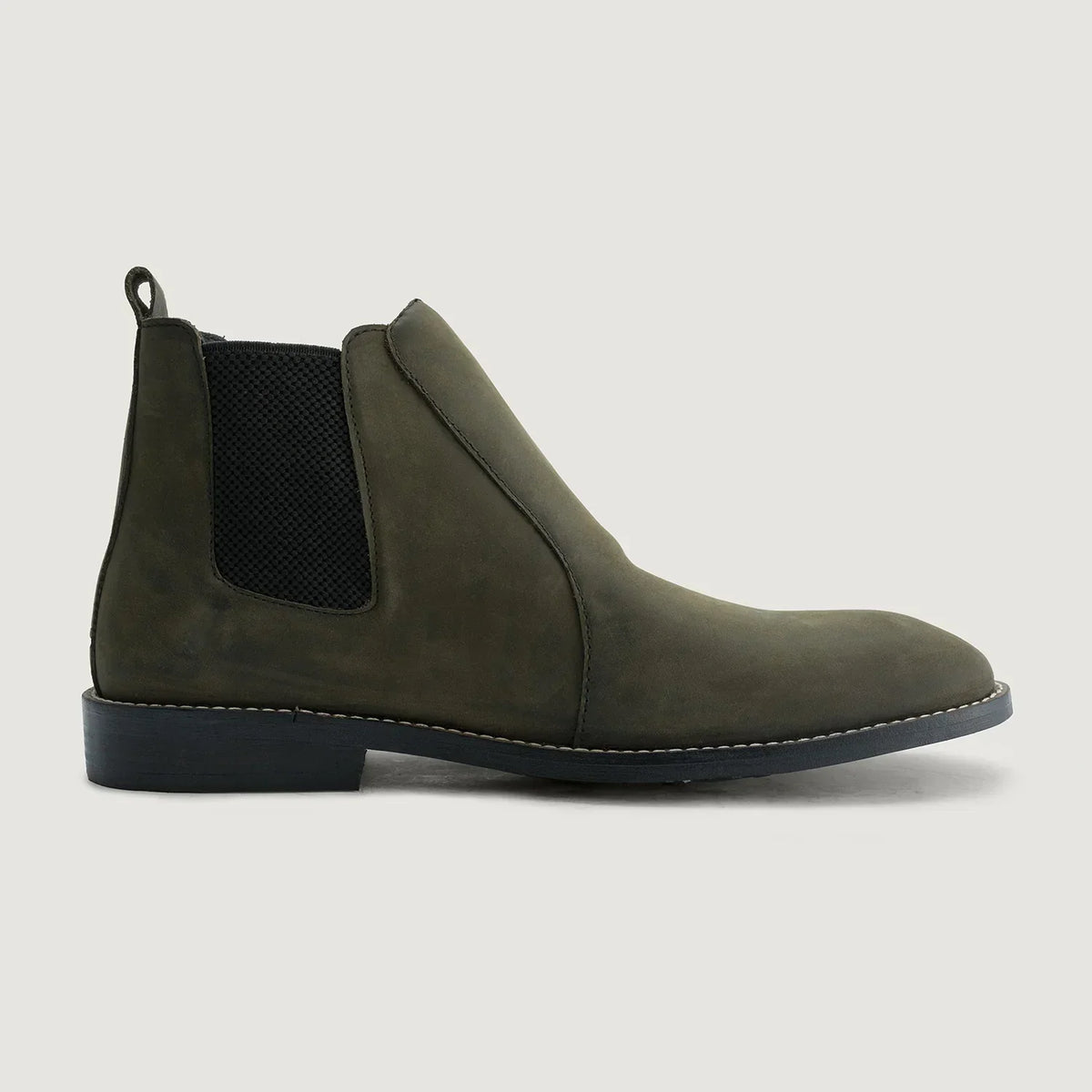 Clarkson Chelsea Olive Pullup Leather Boots Rugged Sole - men's boots in olive green pull-up leather, view 2