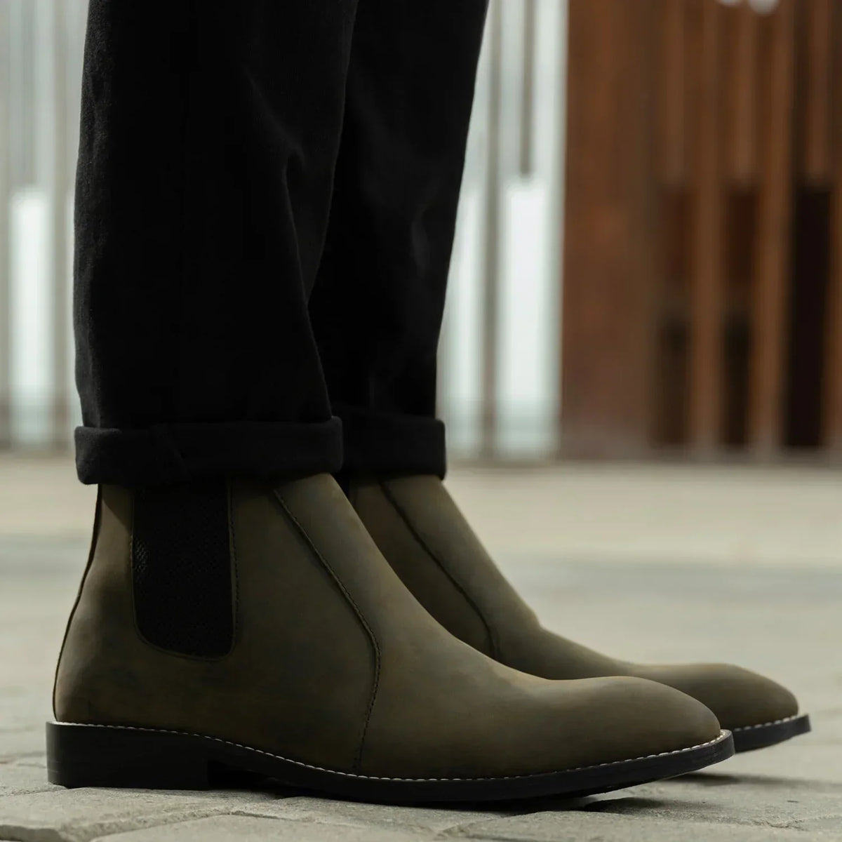 Clarkson Chelsea Olive Pullup Leather Boots Rugged Sole - men's boots in olive green pull-up leather, view 6