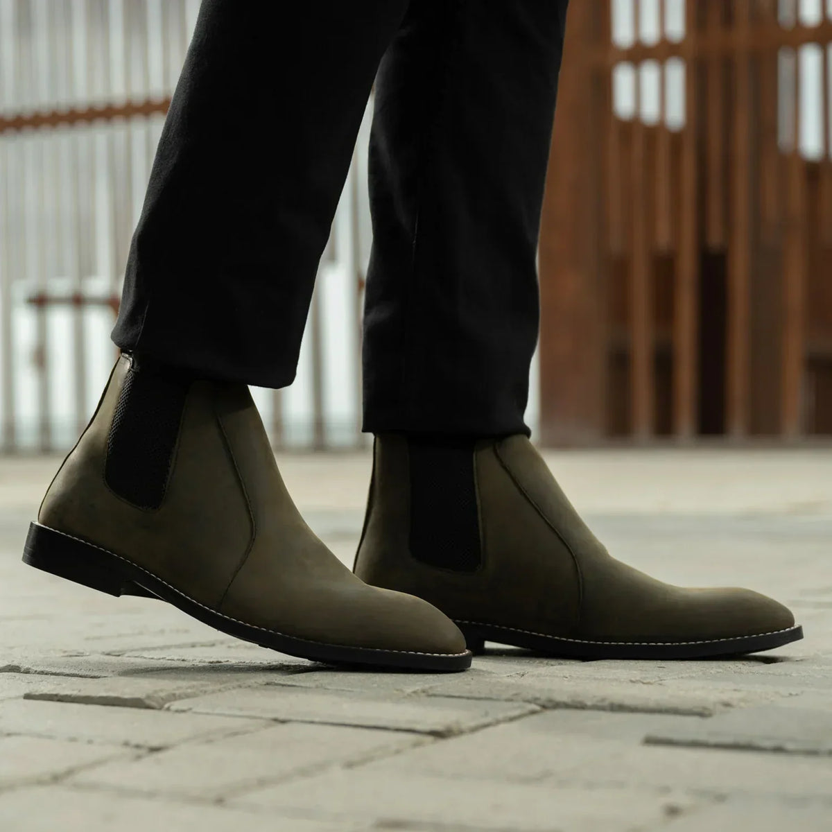 Clarkson Chelsea Olive Pullup Leather Boots Rugged Sole - men's boots in olive green pull-up leather, view 7