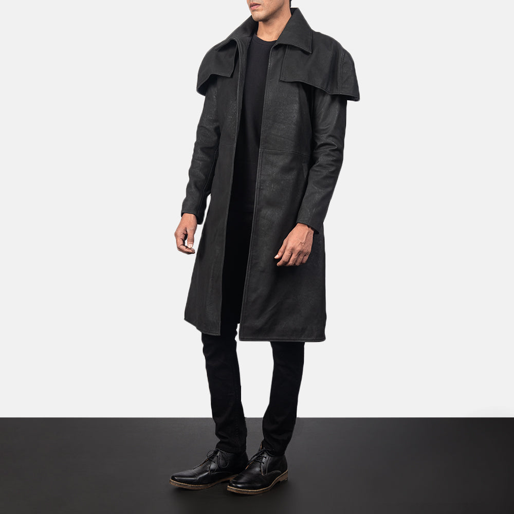 Classic Distressed Black Leather Duster - men's duster in black sheepskin leather, view 2