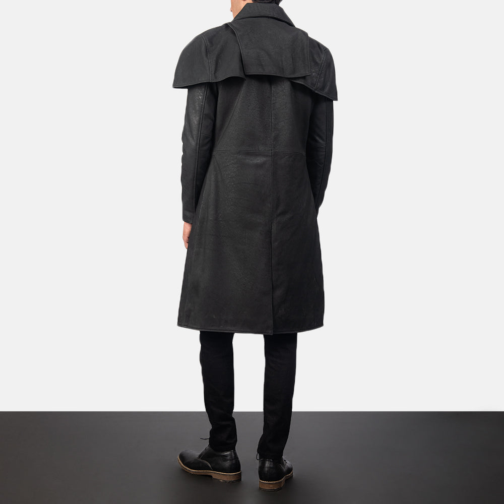 Classic Distressed Black Leather Duster - men's duster in black sheepskin leather, view 3