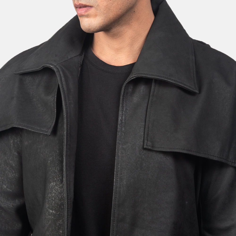Classic Distressed Black Leather Duster - men's duster in black sheepskin leather, view 4