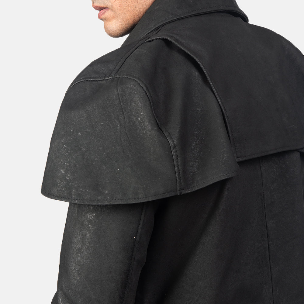 Classic Distressed Black Leather Duster - men's duster in black sheepskin leather, view 5