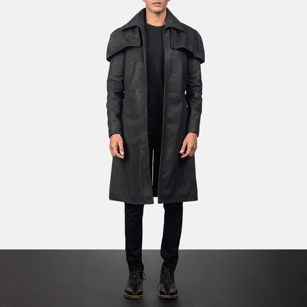 Classic Distressed Black Leather Duster - men's duster in black sheepskin leather, view 6