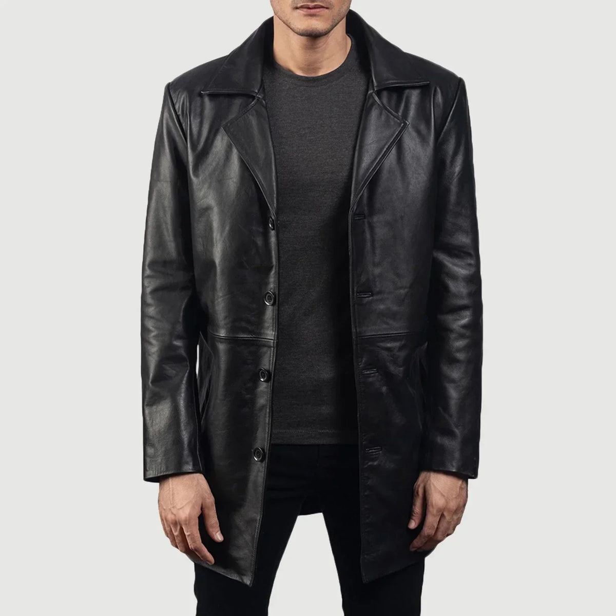Classmith Black Leather Coat - men's coat in black cowhide leather, view 1