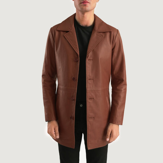 Classmith Brown Leather Coat - men's coat in brown cowhide leather, view 1