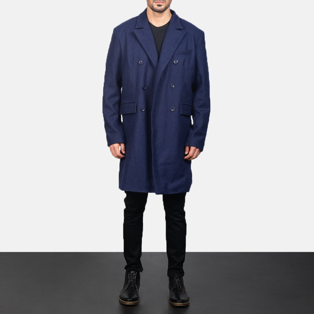 Claud Blue Wool Double Breasted Coat - men's coat in blue wool, view 1