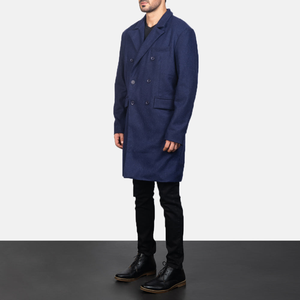 Claud Blue Wool Double Breasted Coat - men's coat in blue wool, view 2