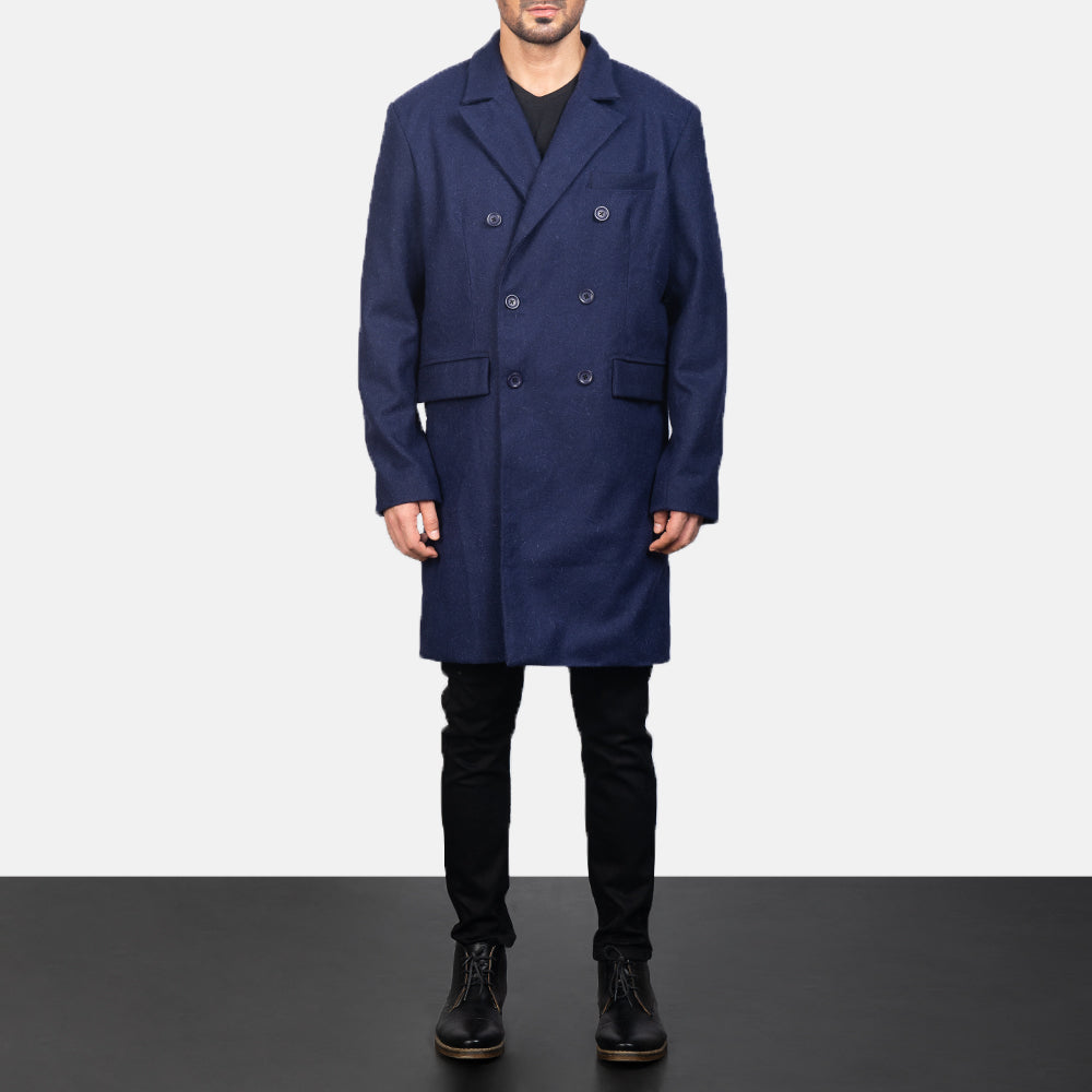 Claud Blue Wool Double Breasted Coat - men's coat in blue wool, view 3