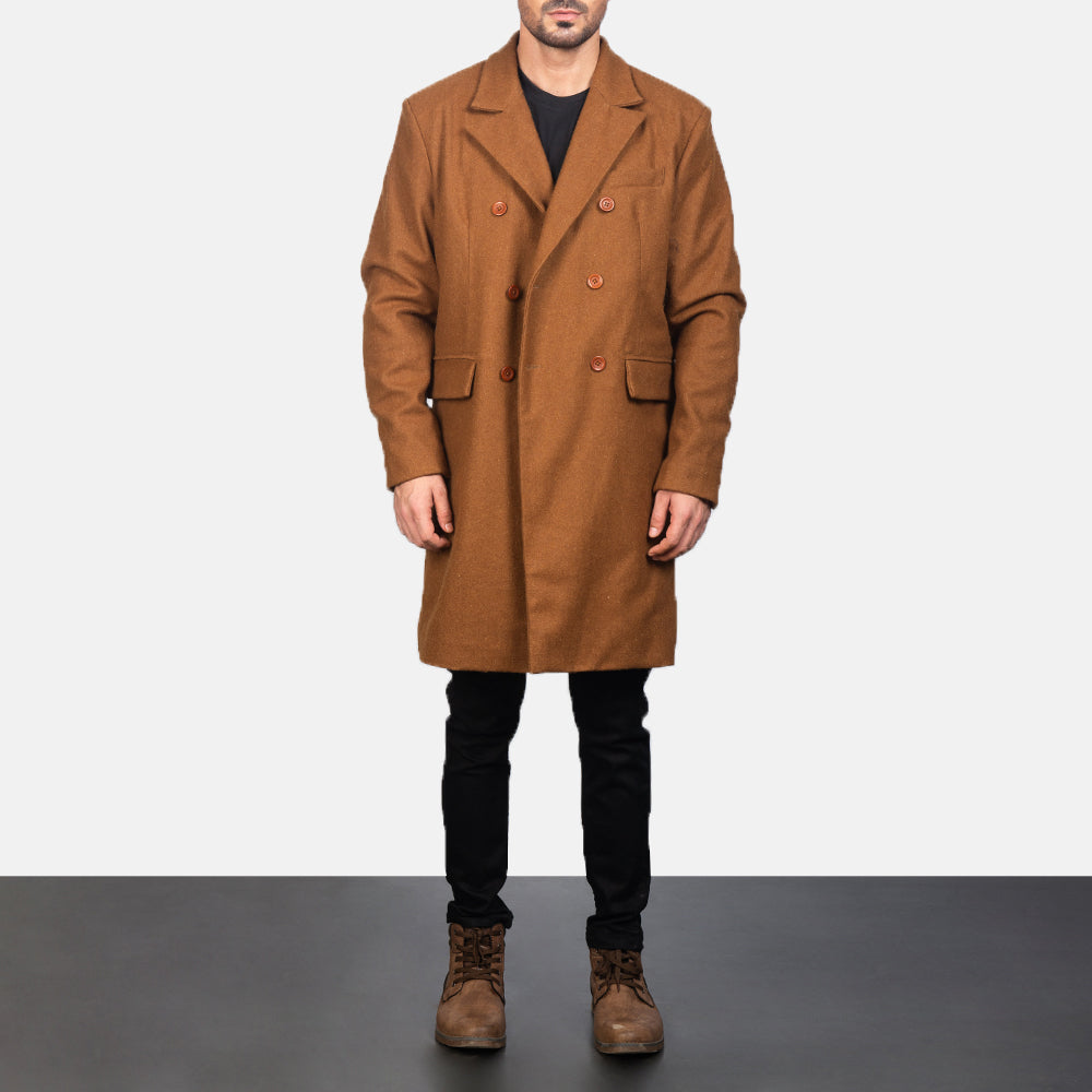Claud Khaki Wool Double Breasted Coat - men's coat in khaki wool, view 3