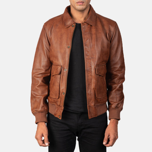 Coffmen Brown A2 Leather Bomber Jacket - men's jacket in brown sheepskin leather, view 1